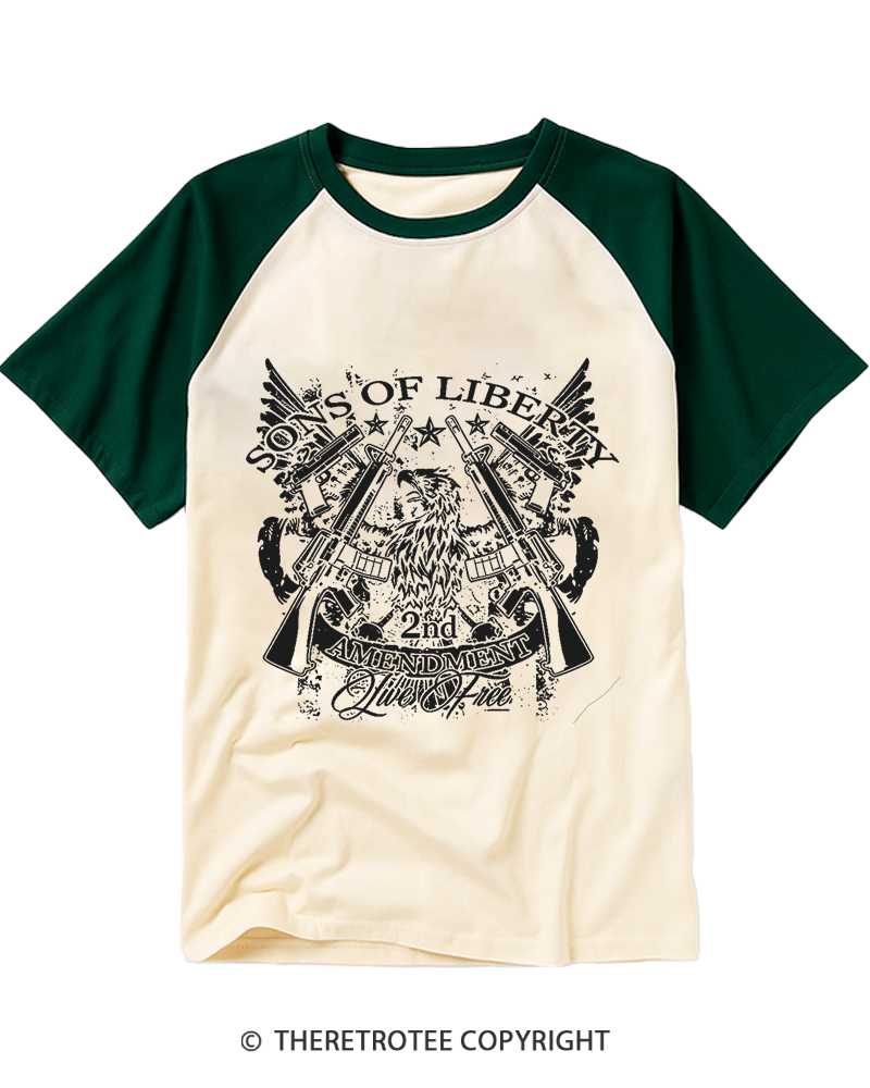TheRetroTee Sons of Liberty 2nd Amendment Live Free 1776 Raglan Baseball T-Shirt