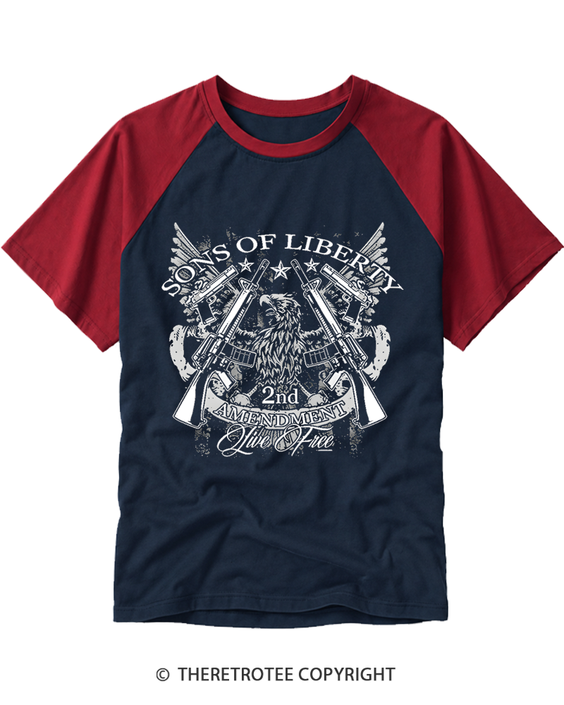 TheRetroTee Sons of Liberty 2nd Amendment Live Free 1776 Raglan Baseball T-Shirt