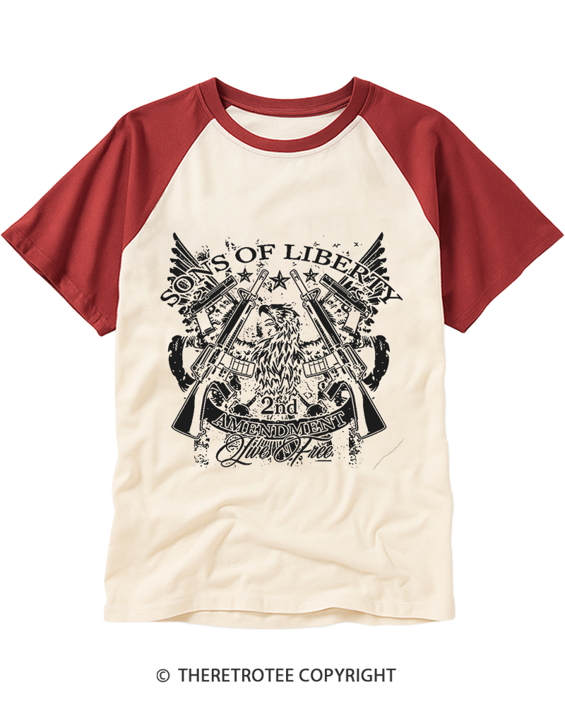 TheRetroTee Sons of Liberty 2nd Amendment Live Free 1776 Raglan Baseball T-Shirt