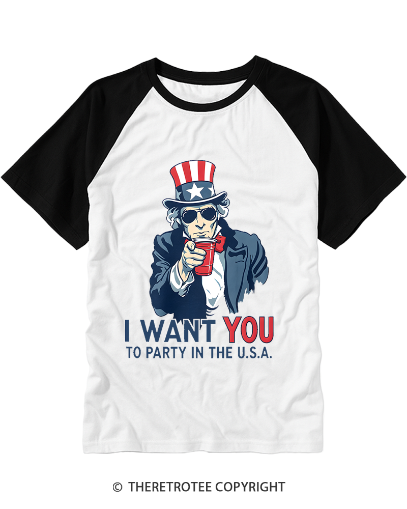 TheRetroTee Uncle Sam - Party in the U.S.A Raglan Baseball T-Shirt