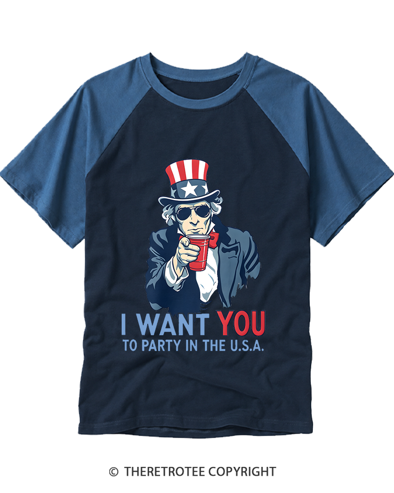 TheRetroTee Uncle Sam - Party in the U.S.A Raglan Baseball T-Shirt