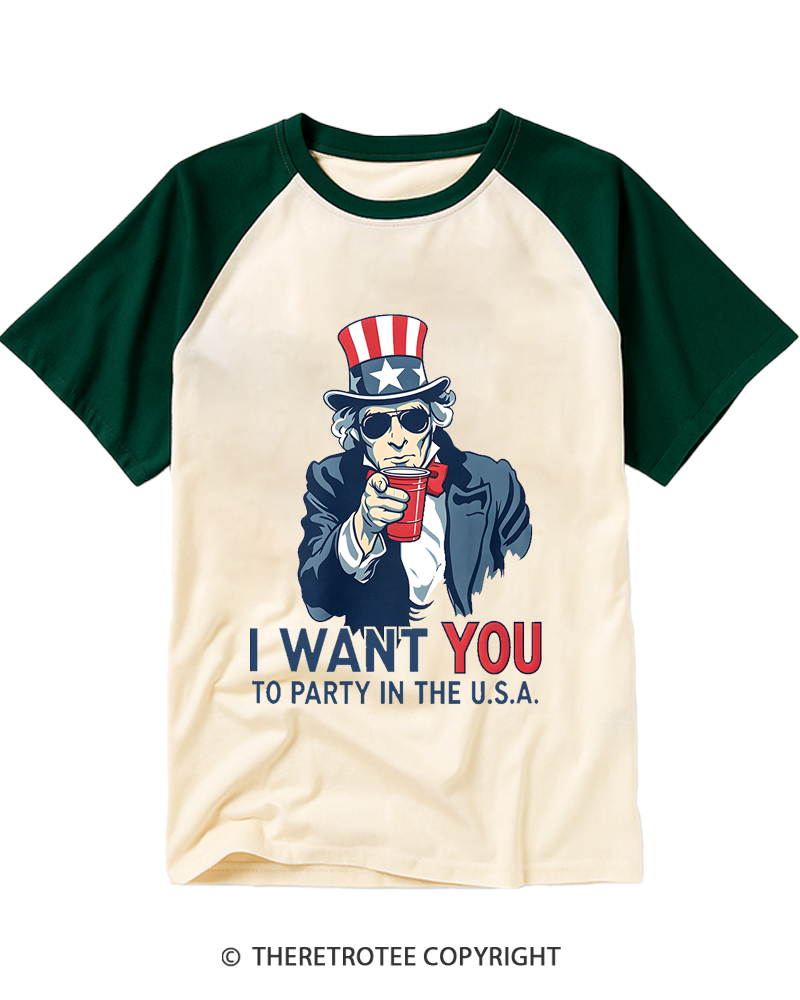 TheRetroTee Uncle Sam - Party in the U.S.A Raglan Baseball T-Shirt