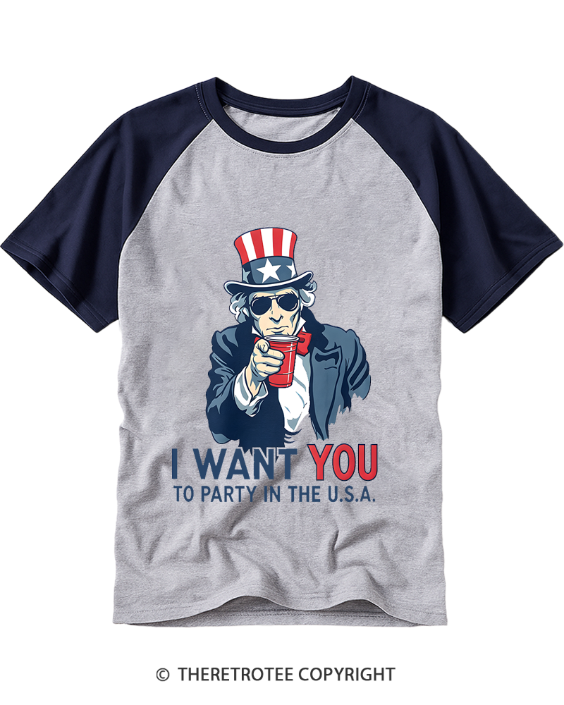 TheRetroTee Uncle Sam - Party in the U.S.A Raglan Baseball T-Shirt