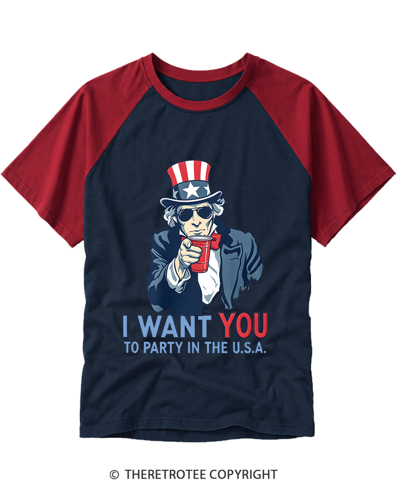 TheRetroTee Uncle Sam - Party in the U.S.A Raglan Baseball T-Shirt