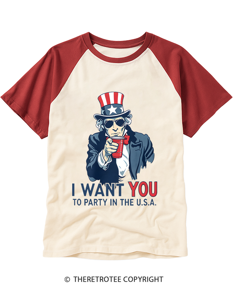 TheRetroTee Uncle Sam - Party in the U.S.A Raglan Baseball T-Shirt
