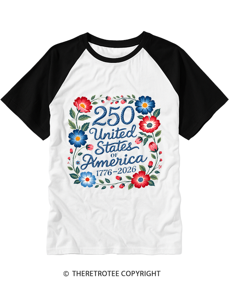 TheRetroTee 250 Years of Freedom Floral Raglan Baseball T-Shirt
