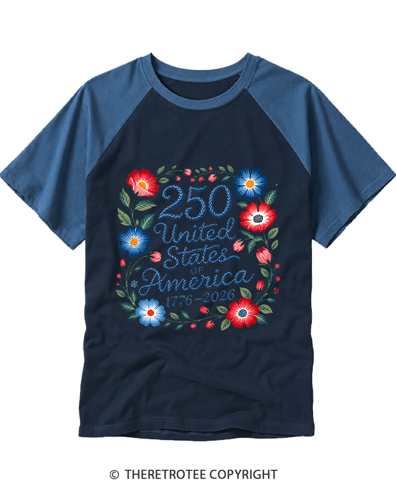 TheRetroTee 250 Years of Freedom Floral Raglan Baseball T-Shirt