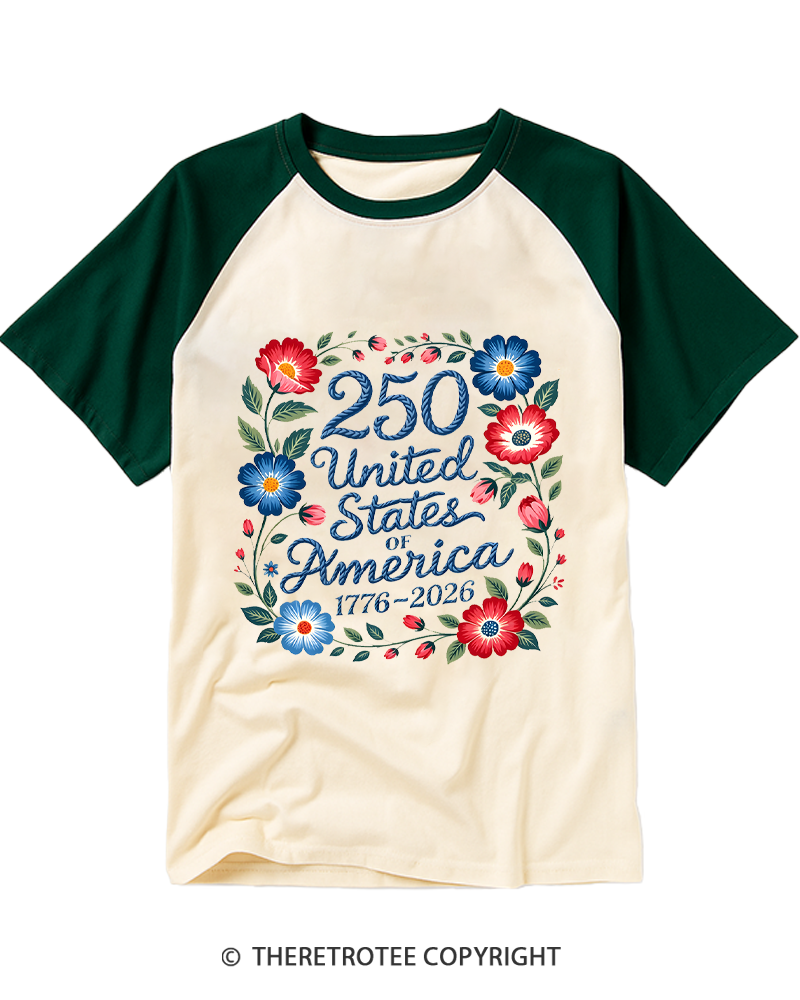 TheRetroTee 250 Years of Freedom Floral Raglan Baseball T-Shirt