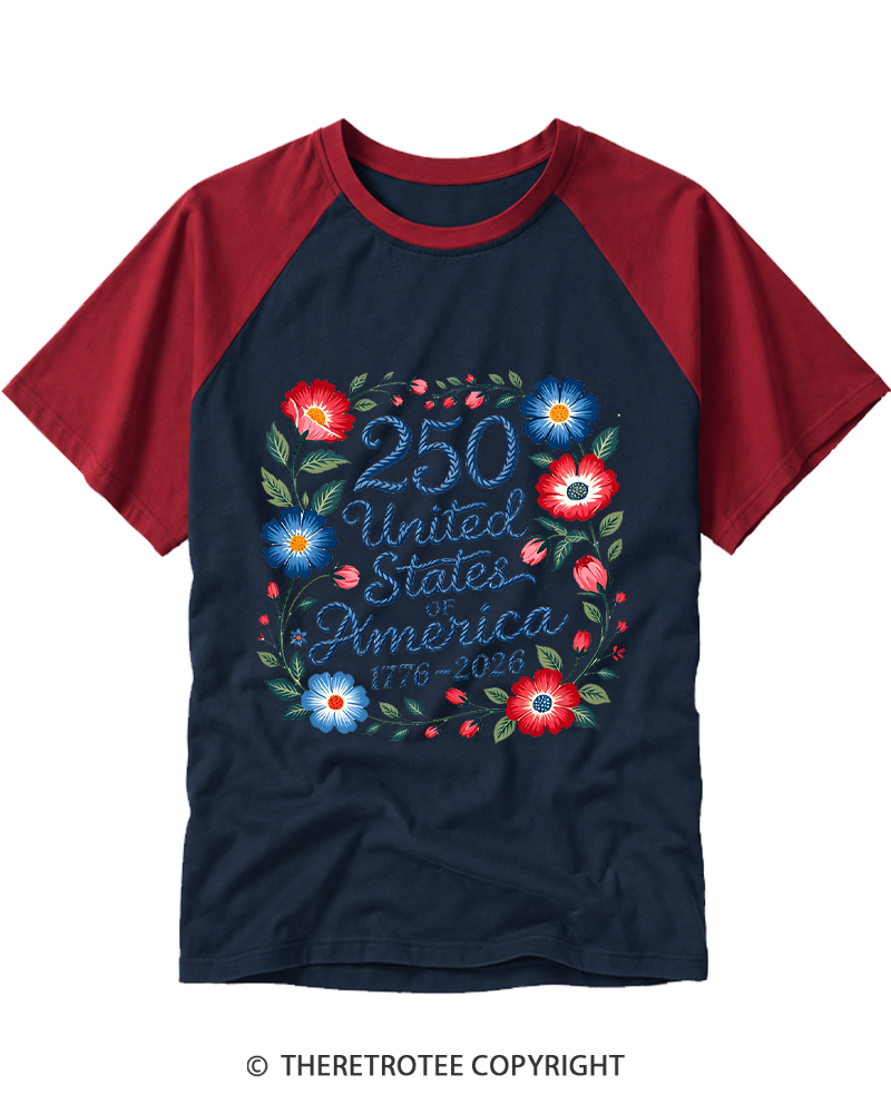 TheRetroTee 250 Years of Freedom Floral Raglan Baseball T-Shirt