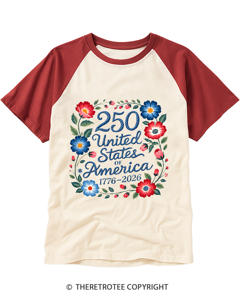 TheRetroTee 250 Years of Freedom Floral Raglan Baseball T-Shirt