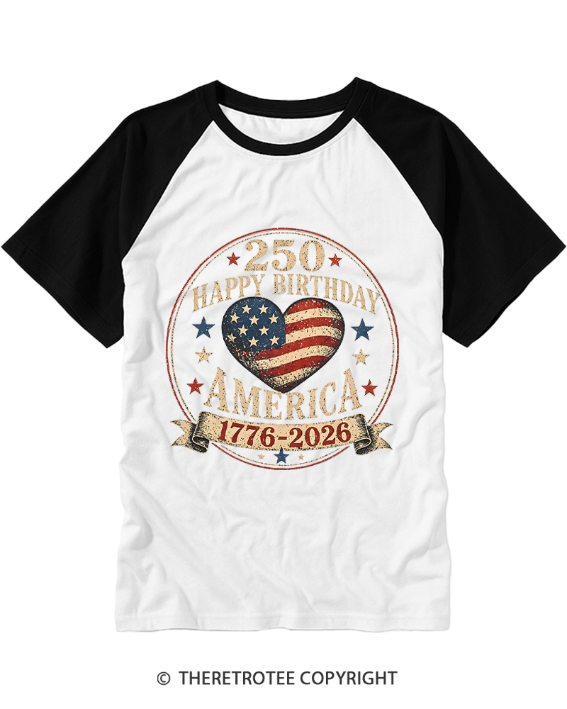 TheRetroTee USA 250th Anniversary Hearts Raglan Baseball T-Shirt