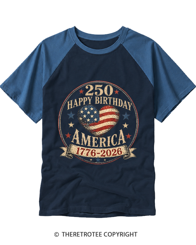 TheRetroTee USA 250th Anniversary Hearts Raglan Baseball T-Shirt