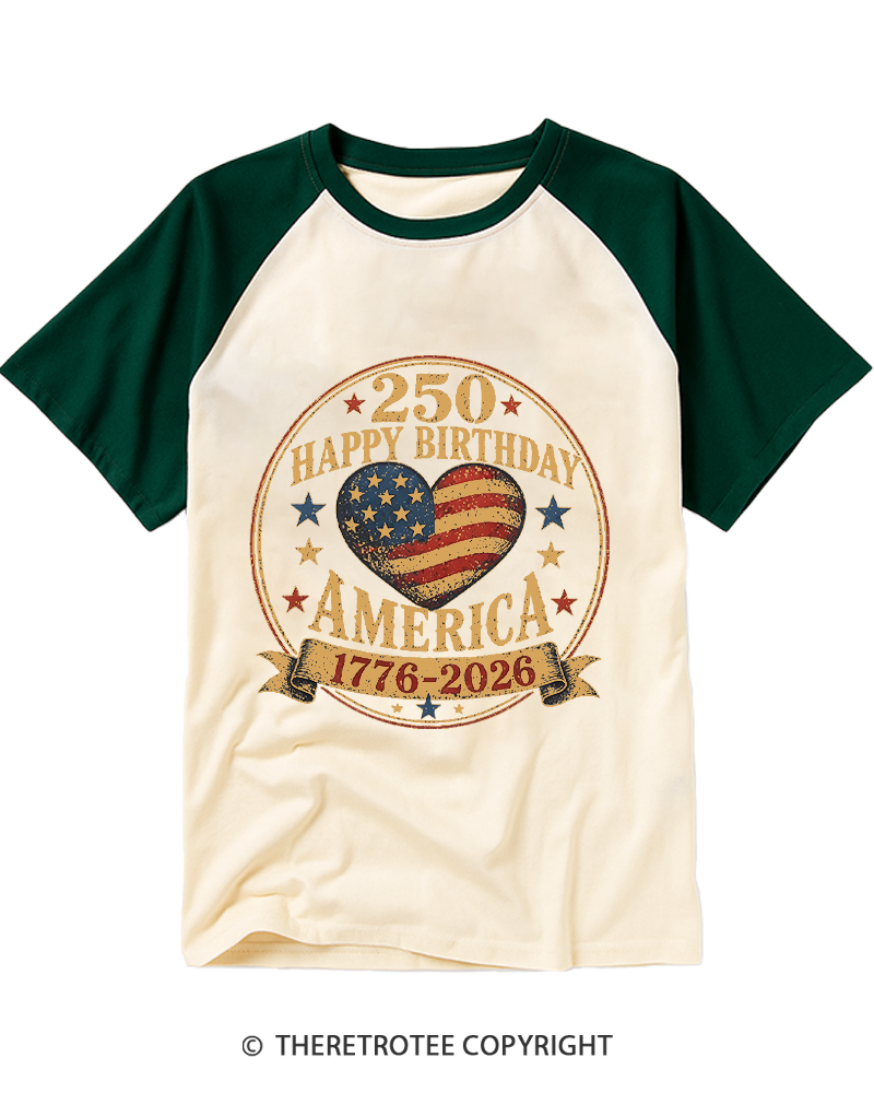 TheRetroTee USA 250th Anniversary Hearts Raglan Baseball T-Shirt