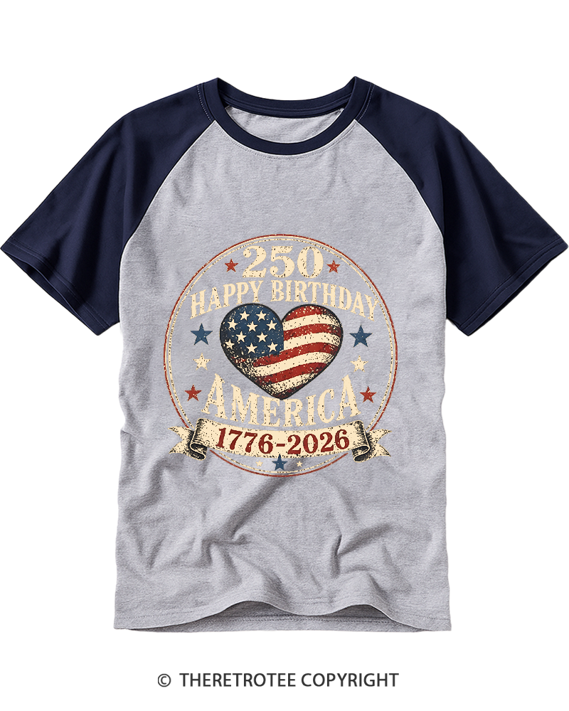 TheRetroTee USA 250th Anniversary Hearts Raglan Baseball T-Shirt