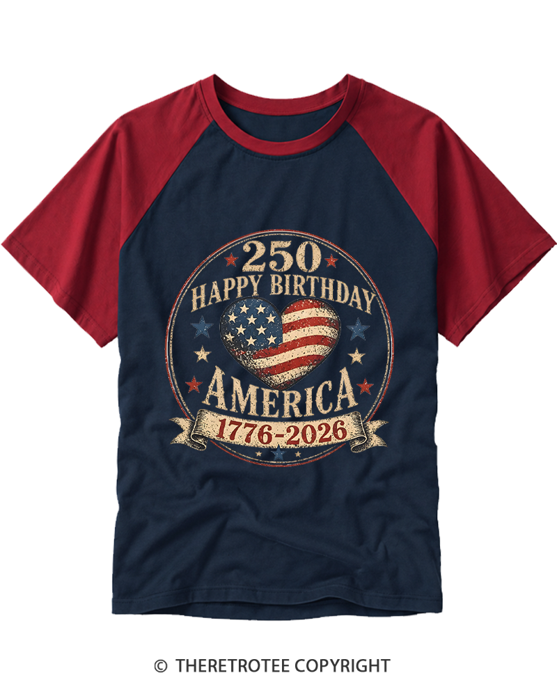 TheRetroTee USA 250th Anniversary Hearts Raglan Baseball T-Shirt