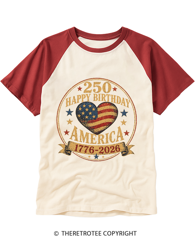 TheRetroTee USA 250th Anniversary Hearts Raglan Baseball T-Shirt