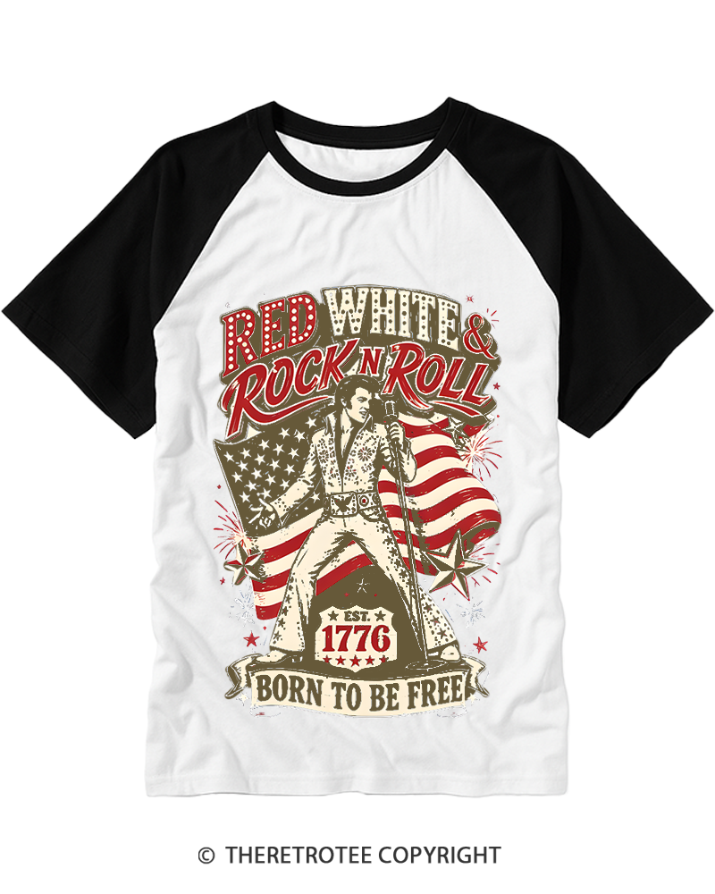 TheRetroTee Red White And Rock N Roll Raglan Baseball T-Shirt