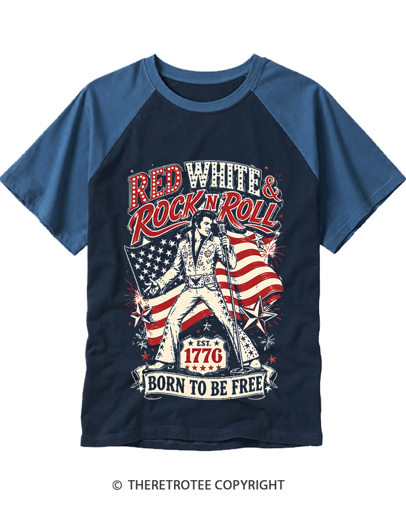 TheRetroTee Red White And Rock N Roll Raglan Baseball T-Shirt