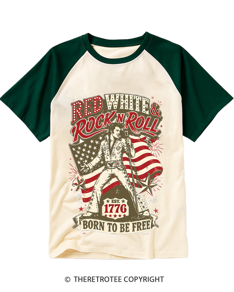 TheRetroTee Red White And Rock N Roll Raglan Baseball T-Shirt