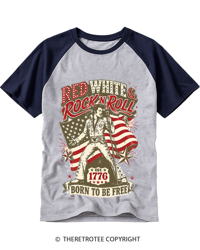TheRetroTee Red White And Rock N Roll Raglan Baseball T-Shirt