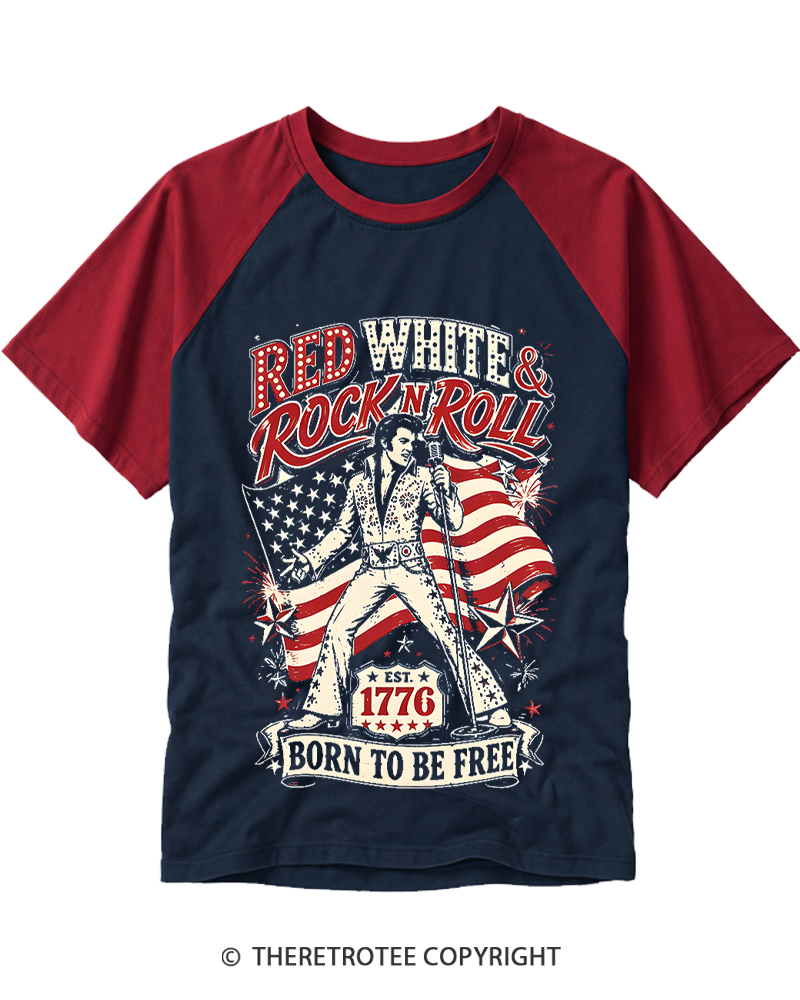 TheRetroTee Red White And Rock N Roll Raglan Baseball T-Shirt