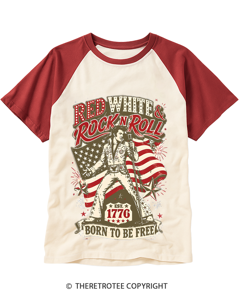 TheRetroTee Red White And Rock N Roll Raglan Baseball T-Shirt