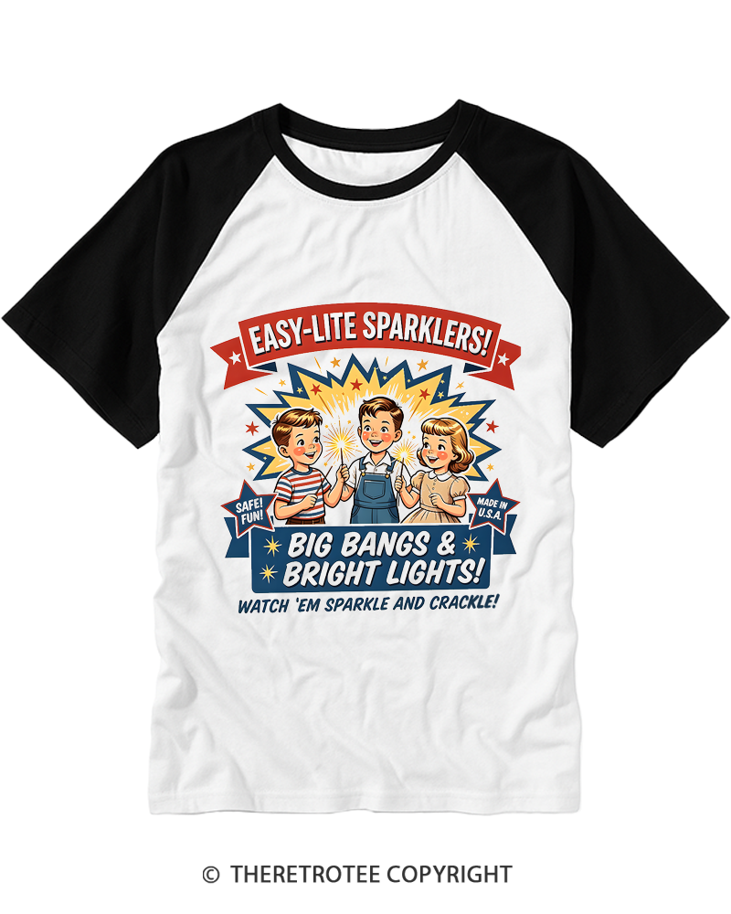 TheRetroTee Inspired Retro 4th of July Sparklers Sign Raglan Baseball T-Shirt