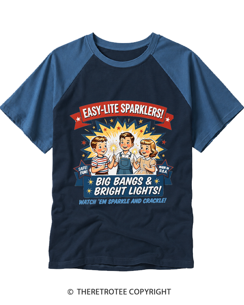 TheRetroTee Inspired Retro 4th of July Sparklers Sign Raglan Baseball T-Shirt