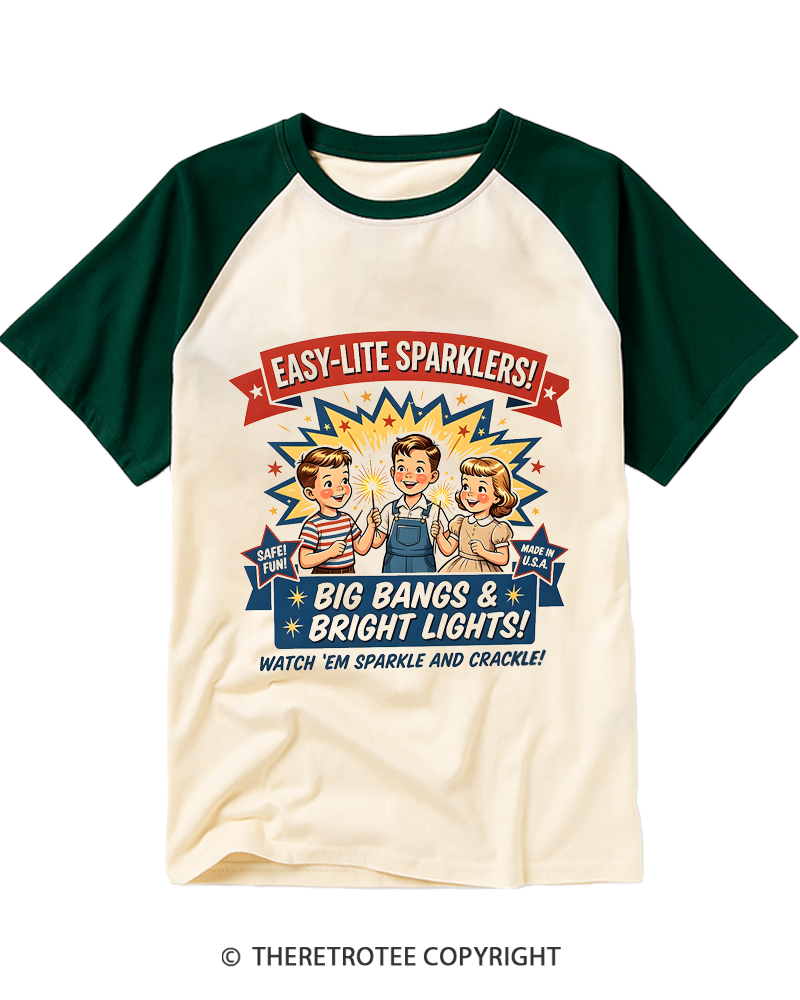 TheRetroTee Inspired Retro 4th of July Sparklers Sign Raglan Baseball T-Shirt