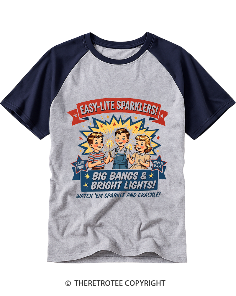 TheRetroTee Inspired Retro 4th of July Sparklers Sign Raglan Baseball T-Shirt