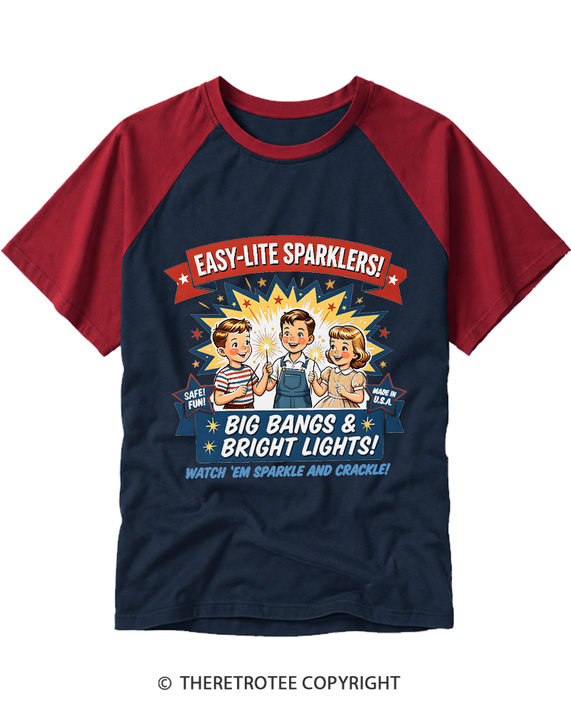 TheRetroTee Inspired Retro 4th of July Sparklers Sign Raglan Baseball T-Shirt