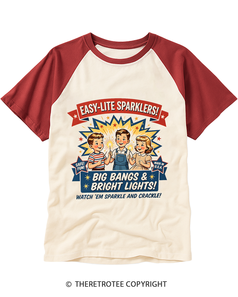 TheRetroTee Inspired Retro 4th of July Sparklers Sign Raglan Baseball T-Shirt