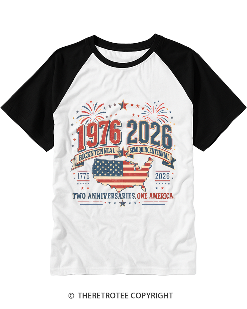 TheRetroTee 1976 Bicentennial vs 2026 Semiquincentennial Raglan Baseball T-Shirt
