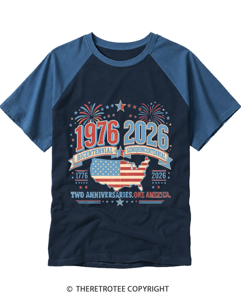 TheRetroTee 1976 Bicentennial vs 2026 Semiquincentennial Raglan Baseball T-Shirt