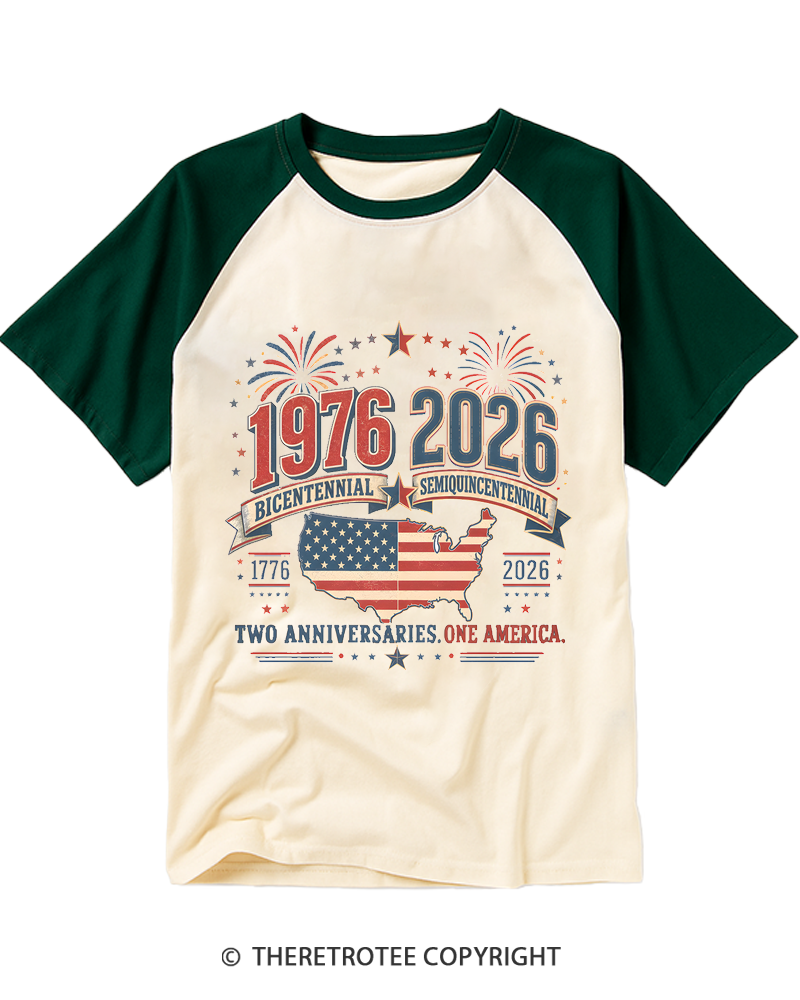 TheRetroTee 1976 Bicentennial vs 2026 Semiquincentennial Raglan Baseball T-Shirt