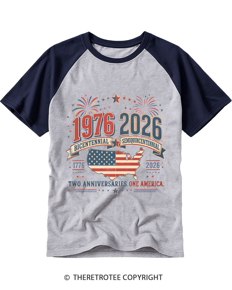 TheRetroTee 1976 Bicentennial vs 2026 Semiquincentennial Raglan Baseball T-Shirt
