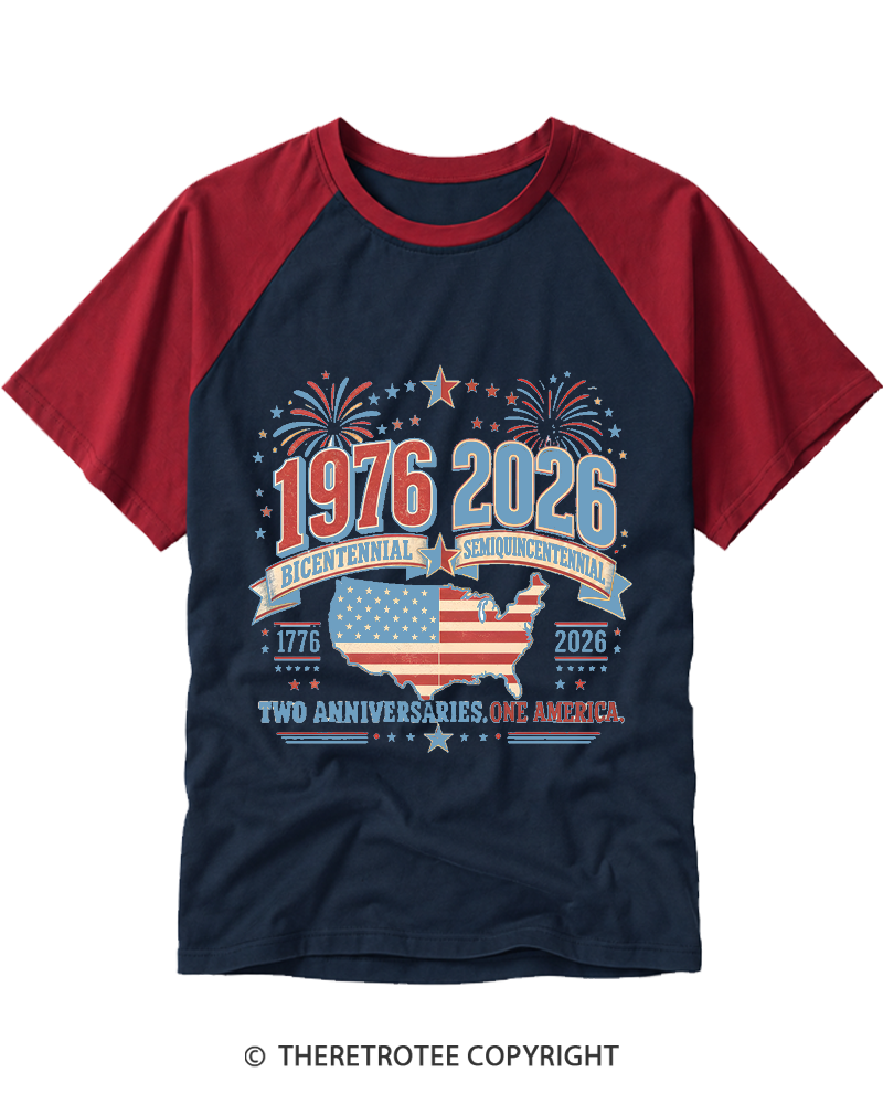 TheRetroTee 1976 Bicentennial vs 2026 Semiquincentennial Raglan Baseball T-Shirt