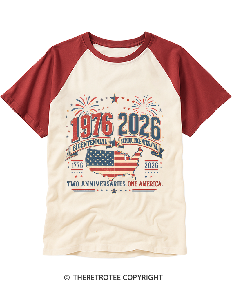 TheRetroTee 1976 Bicentennial vs 2026 Semiquincentennial Raglan Baseball T-Shirt