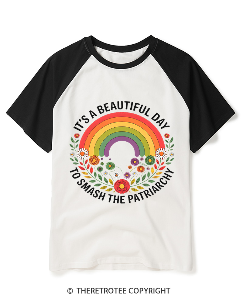 TheRetroTee It's A Beautiful Day To Smash The Patriarchy 1970s Raglan Baseball T-Shirt