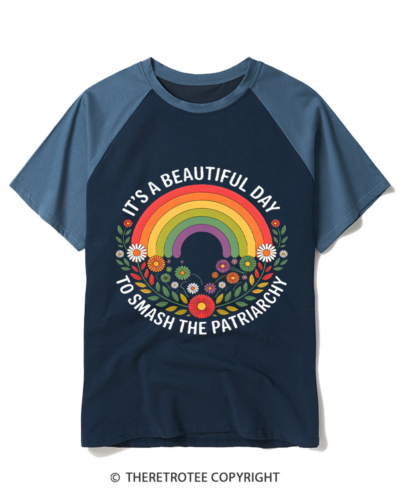 TheRetroTee It's A Beautiful Day To Smash The Patriarchy 1970s Raglan Baseball T-Shirt