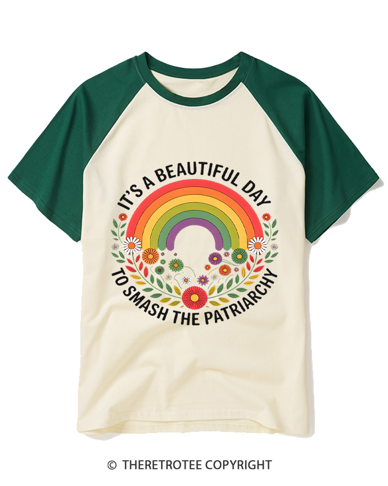 TheRetroTee It's A Beautiful Day To Smash The Patriarchy 1970s Raglan Baseball T-Shirt