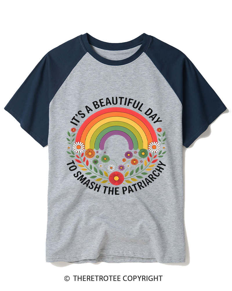 TheRetroTee It's A Beautiful Day To Smash The Patriarchy 1970s Raglan Baseball T-Shirt