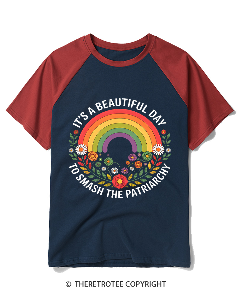TheRetroTee It's A Beautiful Day To Smash The Patriarchy 1970s Raglan Baseball T-Shirt