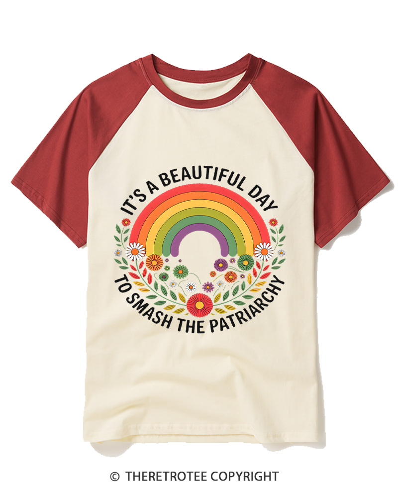 TheRetroTee It's A Beautiful Day To Smash The Patriarchy 1970s Raglan Baseball T-Shirt