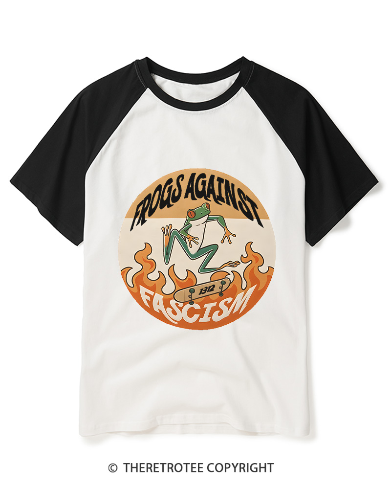 TheRetroTee Frogs Against Fascism Classic 1980s Raglan Baseball T-Shirt