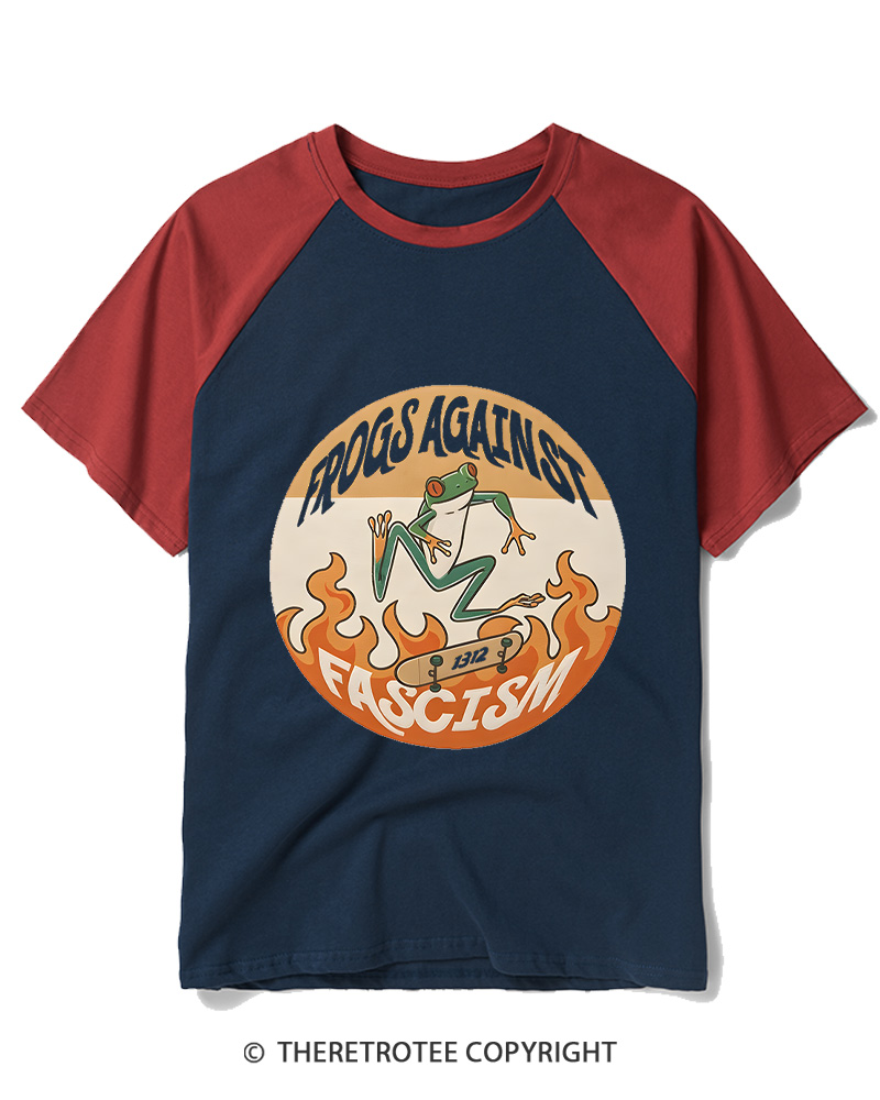 TheRetroTee Frogs Against Fascism Classic 1980s Raglan Baseball T-Shirt