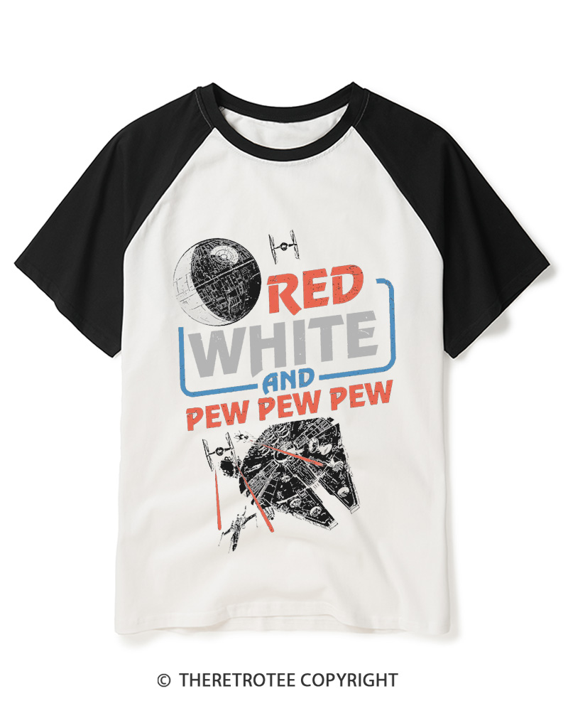 TheRetroTee Red White And Pew Pew Pew 1980s Raglan Baseball T-Shirt