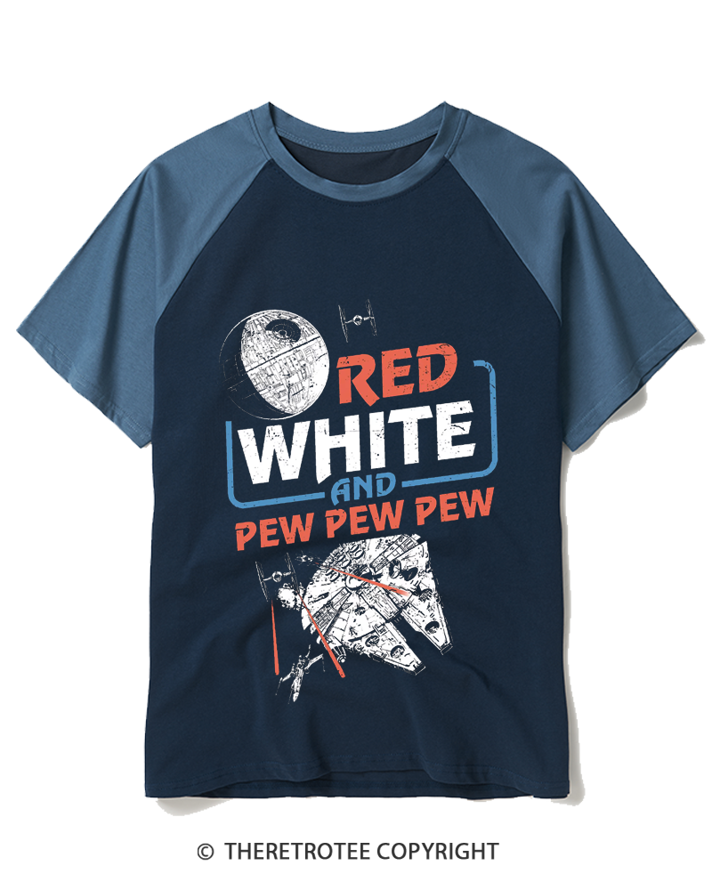 TheRetroTee Red White And Pew Pew Pew 1980s Raglan Baseball T-Shirt