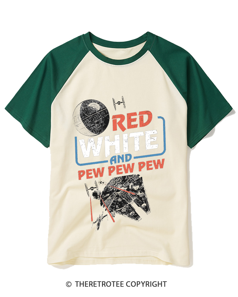 TheRetroTee Red White And Pew Pew Pew 1980s Raglan Baseball T-Shirt