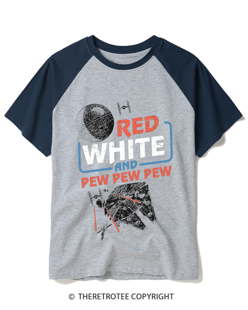 TheRetroTee Red White And Pew Pew Pew 1980s Raglan Baseball T-Shirt
